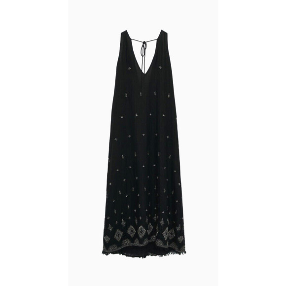 Zara Embroidered Beaded V-Neck Black Pullover Midi Dress Fringe Limited Edition - Picture 1 of 11